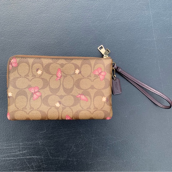 Coach Double Zip Wallet In Signature Canvas With Butterfly Print Wristlet Brown - Picture 1 of 8